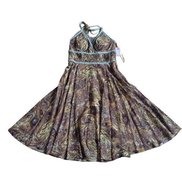 Phoebe Couture Peacock Halter Dress Brown Green Sparkle Beaded Accent SZ 10 NWT - Picture 1 of 10